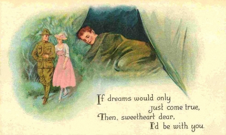 Postcard Image, c.1915 - A WWI solider dreams of his sweetheart